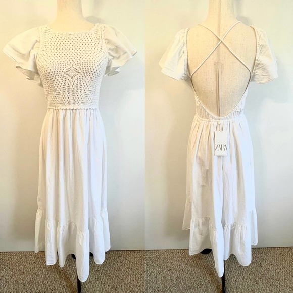 Zara Dresses & Skirts - Zara Open-Back Crochet White Maxi Dress